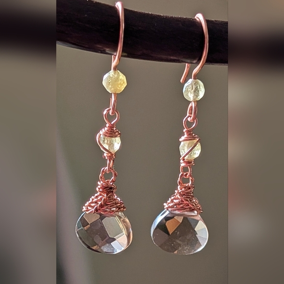 Smokey Quartz Earrings Green Garnet Accents Dangle Drop Artisan Handmade - Picture 7 of 12